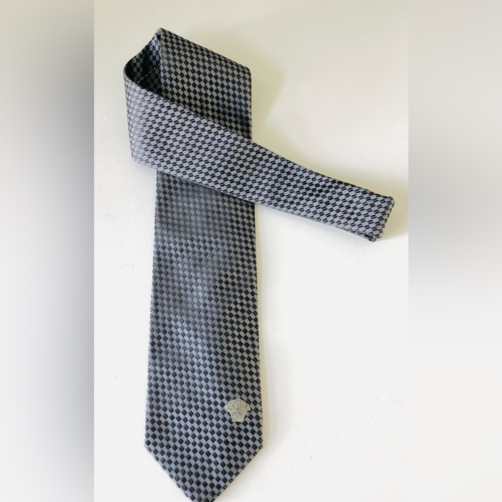 Versace Gray and Black Silk Tie with Checkered Pattern